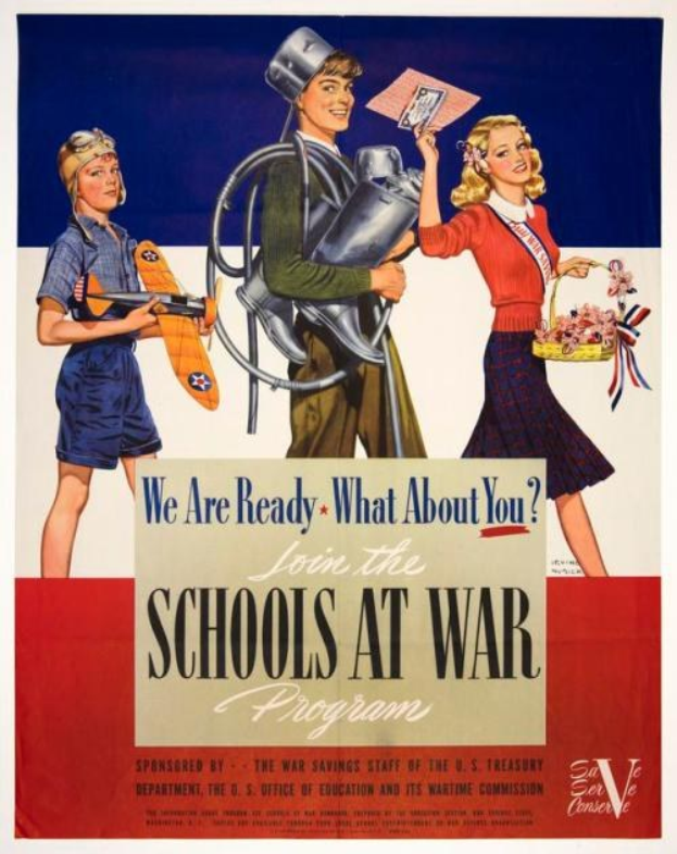 Plakat mit drei Personen, zwei halten Gegenstände, mit Text "Wir sind bereit, was ist mit dir? Trete dem Schulprogramm bei."