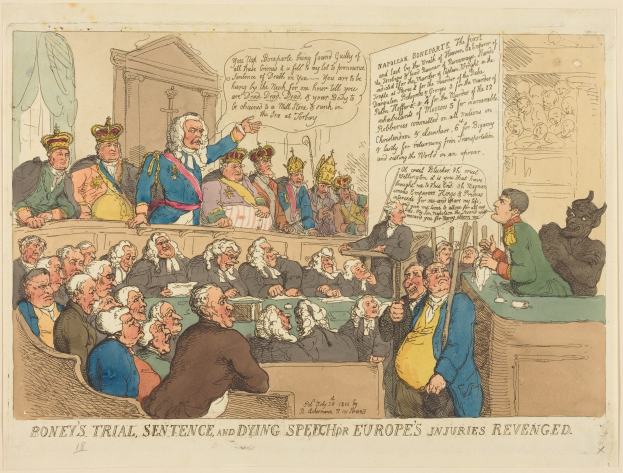 Cartoon-Illustration einer Gerichtsszene mit dem Titel "Boney's Trial, Sentence, and Dying Speech Europe's Injuries Revenged", die eine Gruppe von Menschen zeigt, die auf Stühlen sitzen, einen Mann in der Mitte und einen Tisch mit Gegenständen auf der rechten Seite.