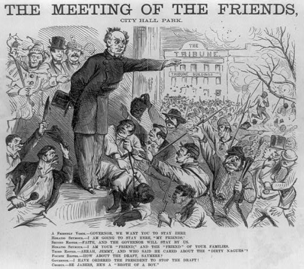 Ein Blatt Papier mit einer Zeichnung einer Gruppe von Menschen, einige halten Waffen und im Hintergrund ein Gebäude, mit der Aufschrift "Die Zusammenkunft der Freunde, City Hall Park".