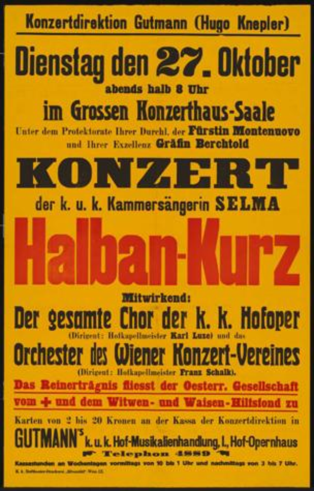 Ein gelbes Plakat, das ein Konzert in Berlin, Deutschland, ankündigt, mit der Aufschrift "Konzert Halban-Kurz".