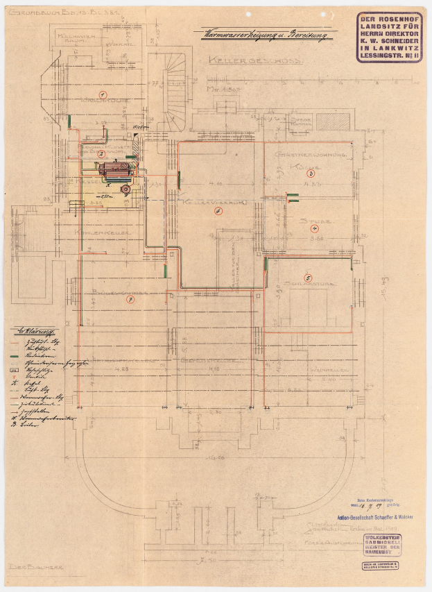 Schwarz-weißer Architekturplan des Rosenhof-Krankenhauses in Hamburg, Deutschland, der detaillierte Entwürfe von Räumen, Fluren und Verdrahtung auf altem Papier zeigt.