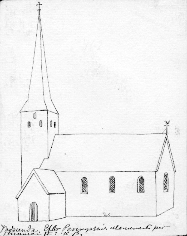 Eine Zeichnung einer Kirche mit einem Kirchturm, Ziffernblatt und Fenstern, die sich in Leipzig, Deutschland befindet, mit Text auf dem Papier.