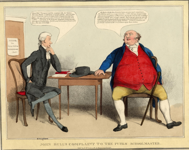 Illustration von John Bull sitzend an einem Tisch mit Papieren und einem Hut, gegenüber einer anderen Person, mit einer Tür und einem Papier an der Wand im Hintergrund.