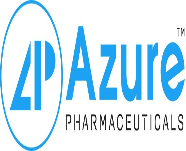 Logo von Azure Pharmaceuticals: fettes schwarzes Unternehmensnamen in einem blauen Kreis mit weißer Umrandung auf weißem Hintergrund.