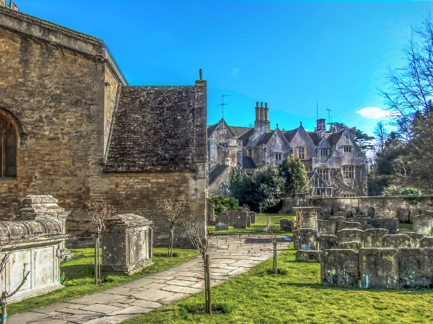 Ein Wohngebiet mit Häusern, Gebäuden und Grünflächen, einschließlich Pflanzen, Bäumen und Gras.