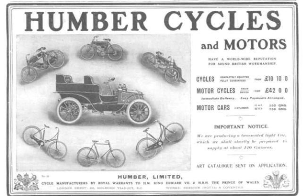 Werbeplakat für Humber Cycles and Motors mit verschiedenen Fahrrädern und Kraftfahrzeugen und beschreibendem Text.