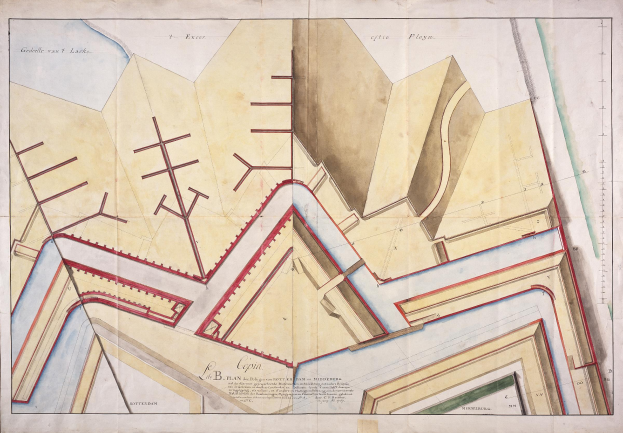 Eine Zeichnung eines Stadtplans mit einer roten Linie, die als Plan der Stadt Copia bezeichnet ist.
