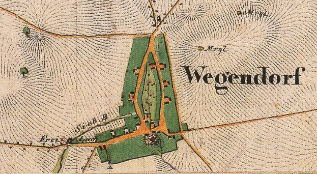 Ein detaillierter alter Stadtplan von Wegendorf, Deutschland, der Straßen, Gebäude und andere städtische Merkmale mit Textanmerkungen zeigt.