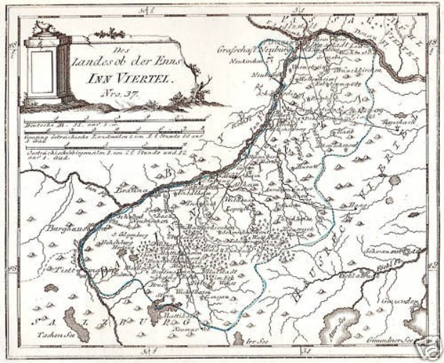 Detailierte Kartenvorlage des Rheins in Deutschland, die seinen gewundenen Verlauf durch die Region zeigt, mit beschrifteten Sehenswürdigkeiten, Städten und geografischen Merkmalen, begleitet von Text und einem Bild einer Säule.