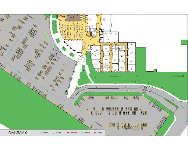 Ein Lageplan einer neuen Entwicklung in San Antonio, Texas, der Straßen, Gebäude und Sehenswürdigkeiten mit beschrifteten Text zeigt.