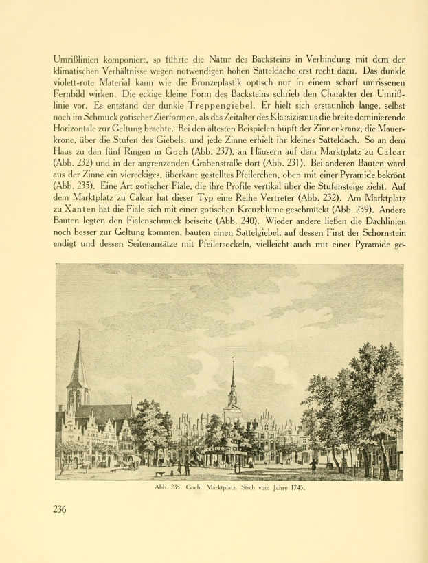 Ein aufgeschlagenes Buch mit einer Stadtansicht-Illustration mit Gebäuden, Bäumen und Menschen, begleitet von beschreibendem Text.