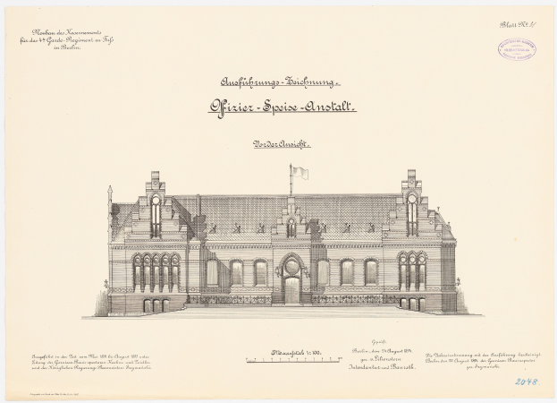 Schwarzes und weißes Zeichnung des Hauptsaals des Deutschen Parlaments in Berlin, mit einer Flagge oben drauf, begleitet von Text.