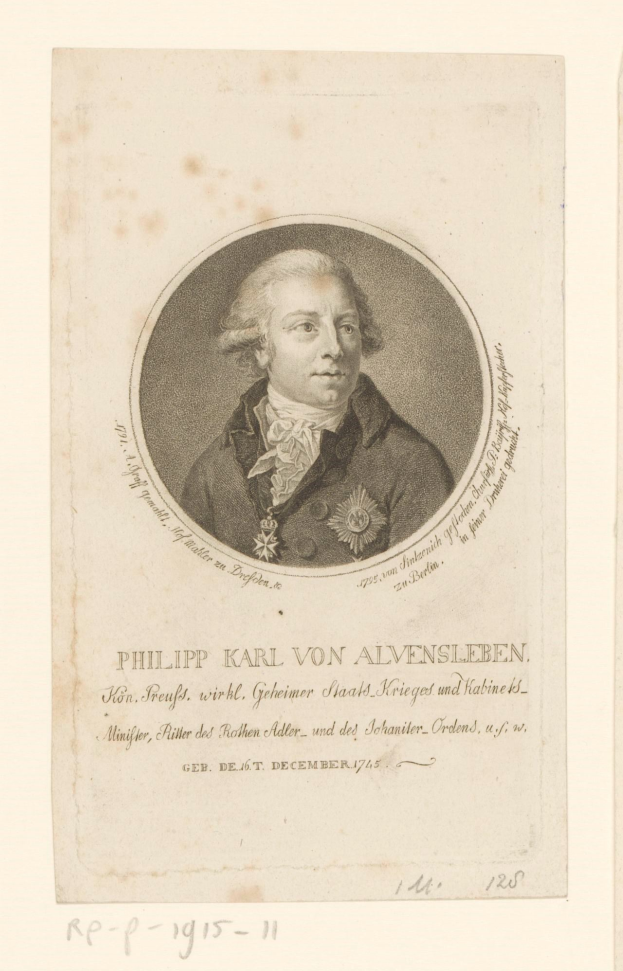 Portrait of Philipp Karl von Alvensleben, a German statesman, wearing a suit and tie, with a serious expression, dark hair, and hands clasped in front of him, looking off to the side with text overlaid on the image.