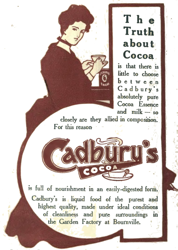 Anzeige für Cadbury's Kakao, die eine Frau mit einem Becher Kakao zeigt und Werbetext enthält.