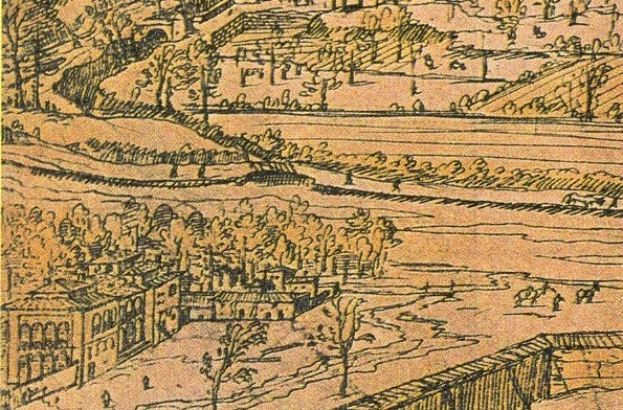 Ein detailliertes Stadtbild mit einem gewundenen Fluss, umgeben von üppigen grünen Bäumen und hohen Gebäuden, das eine friedliche Atmosphäre vermittelt.