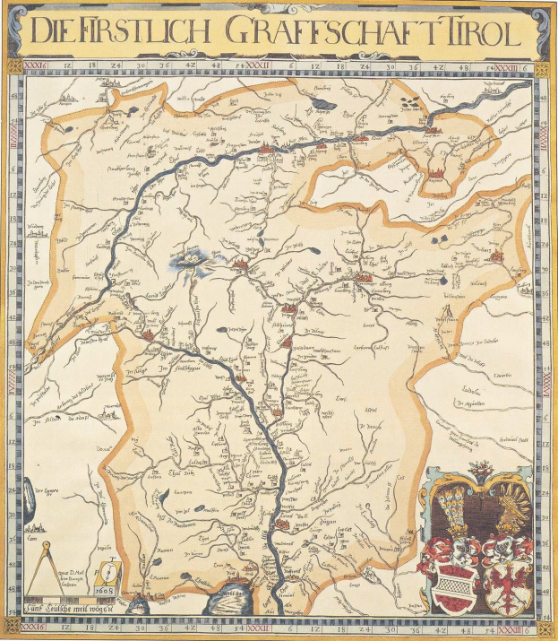 Ein Plakat einer historischen Karte der ersten Grafschaft Tirol, das geografische Merkmale wie Flüsse, Berge und Städte zeigt und von Text über die Region und ihre Bewohner begleitet wird.