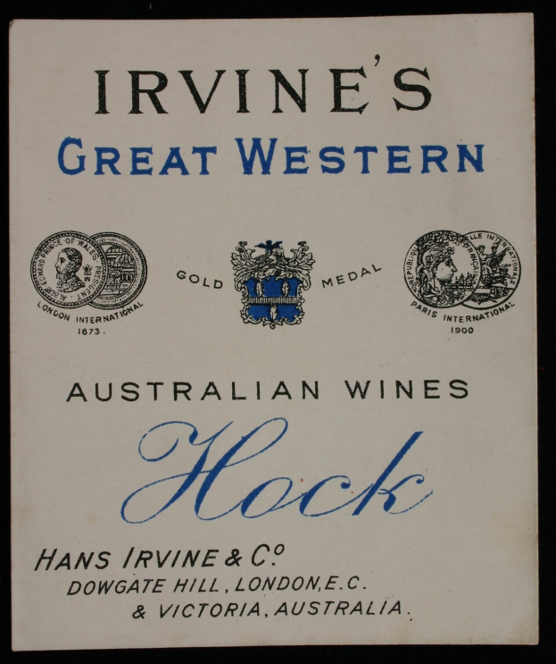 Plakat, das Irvines Große Western Australian Weine mit Firmenlogos und Text "Irvines Große Western Australian Wines Hock" bewirbt