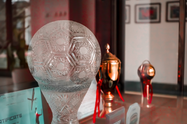 Ein Glastisch mit einem zentralen Glastrophäer inmitten anderer Trophäen und einem Zertifikat, umgeben von gerahmten Gegenständen an der Wand im Hintergrund.