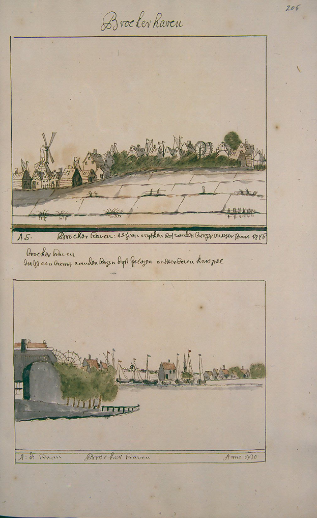 Ein aufgeschlagenes Buch mit einer Stadtansicht-Illustration, die Häuser, Bäume und eine Windmühle zeigt, sowie begleitendem Text.