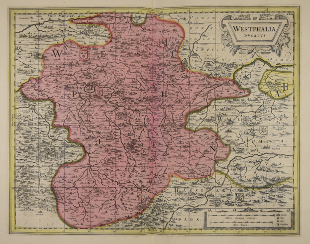Ein altes Kartenblatt von Westfalen, Deutschland, mit sichtbaren Provinzen des Königreichs England und Wales, auf Papier gedruckt mit detailliertem Text über die Region.