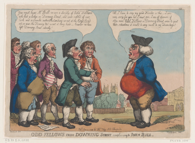 Cartoon illustration of people standing in front of a building with trees and sky, captioned "odd fellows from downing street complaining to John Bull" at the bottom.