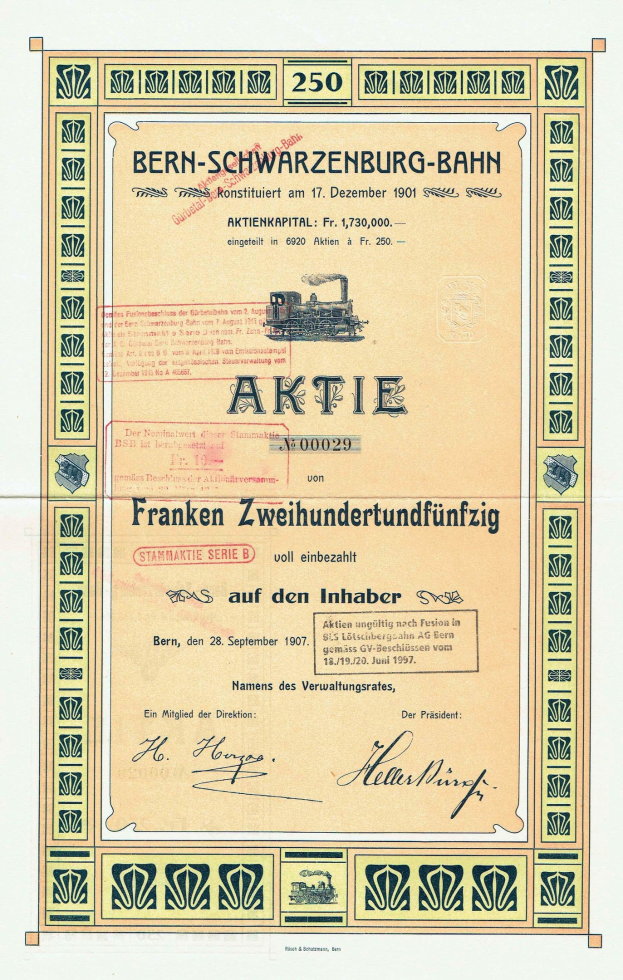 Alte deutsche Regierungspapierurkunde für Bern-Schwarzenburg-Bahn mit einer Abbildung eines Zuges und bedrucktem Text.