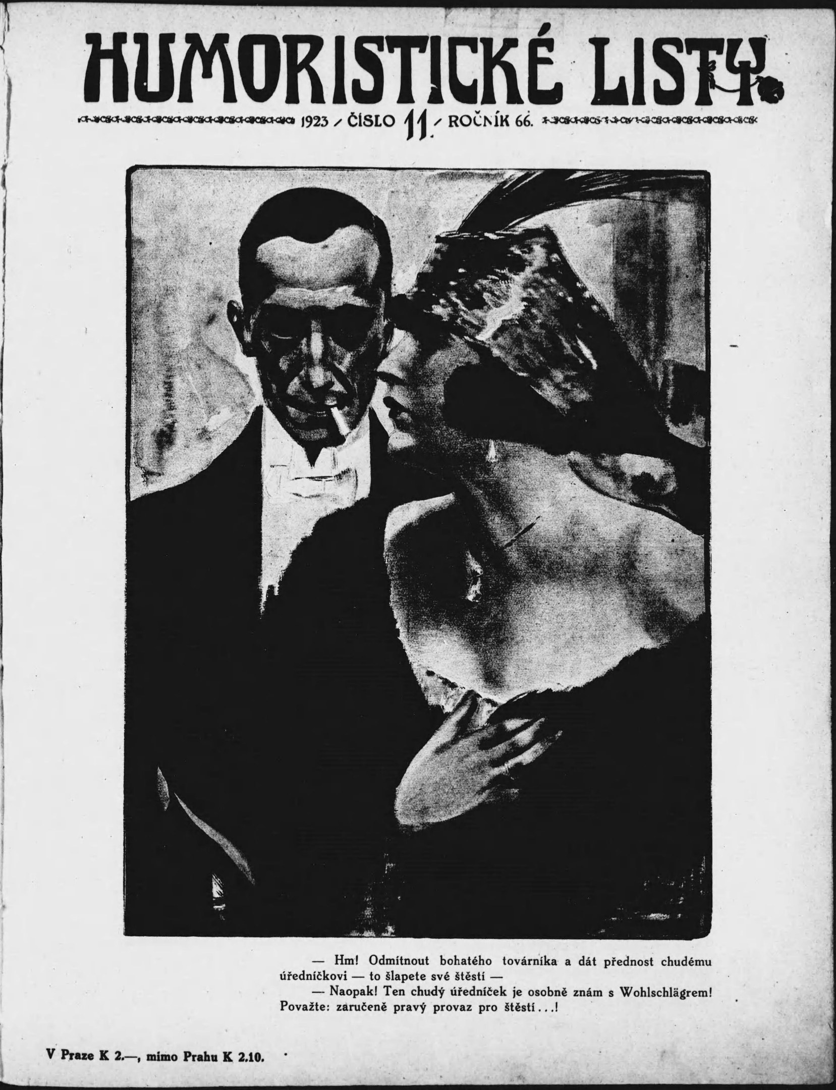 Schwarzes und weißes Magazin-Cover mit der Überschrift 'Humoristische Liste', das einen Mann in einem Anzug mit ernster Miene und eine Frau mit einem leichten Grinsen zeigt, die wegschaut.