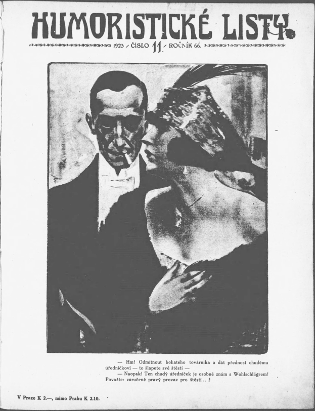 Schwarzes und weißes Magazin-Cover mit der Überschrift 'Humoristische Liste', das einen Mann in einem Anzug mit ernster Miene und eine Frau mit einem leichten Grinsen zeigt, die wegschaut.