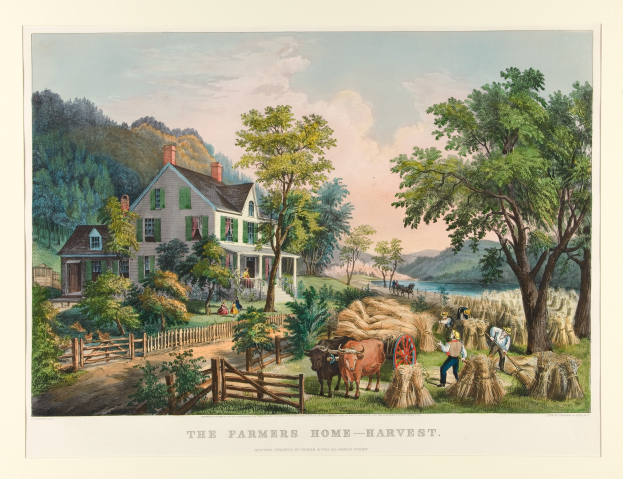 Ein Gemälde zeigt eine Farm-Szene mit einem Haus, Bäumen, Pflanzen, Gras, Tieren, einem Wagen, Menschen, einem Zaun, Wasser, Hügeln und einem bewölkten Himmel; der Text unten lautet "Die Ernte des Farmers".