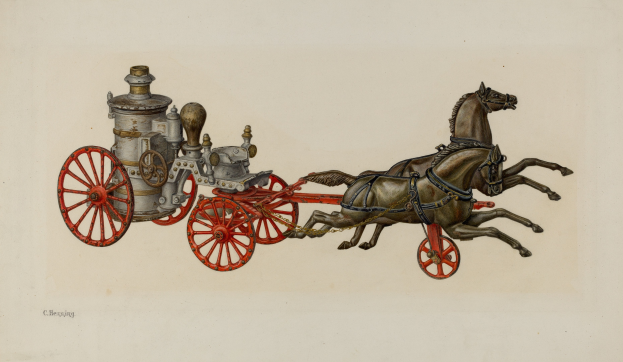 Zwei Pferde vor eine Feuerwache gespannt mit sichtbaren Rädern.