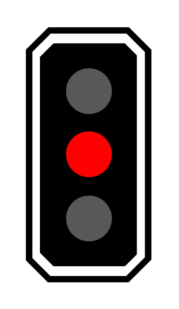 Schwarz-weißes Verkehrslicht mit allen drei Lichtern rot beleuchtet.