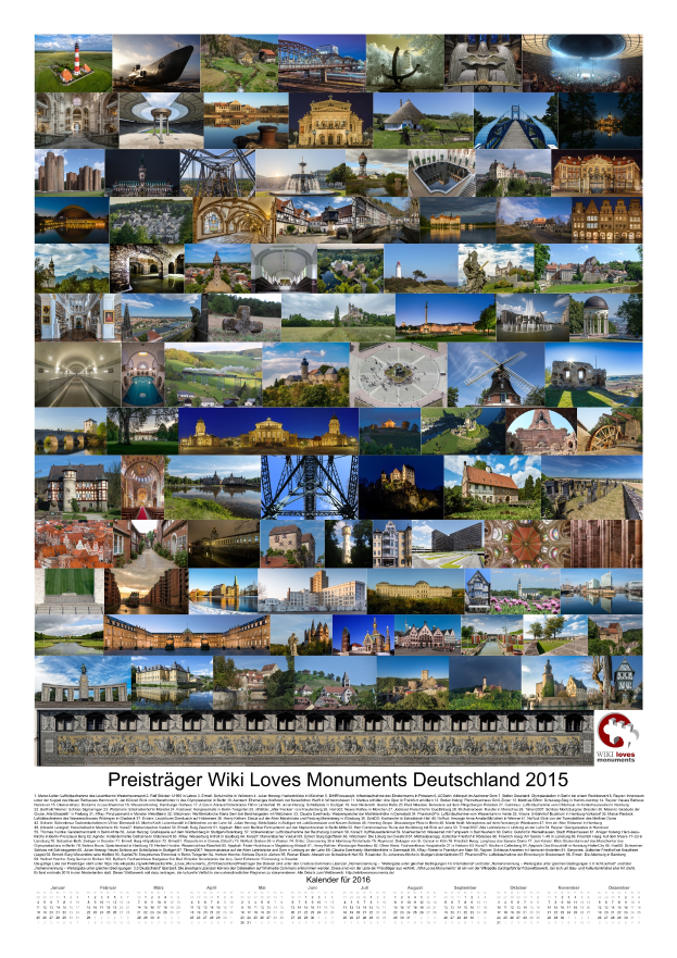 Ein 2015er Kalender mit einer Collage deutscher Denkmäler und dem Text "Preisträger Wiki Loves Monuments Deutschland 2015".