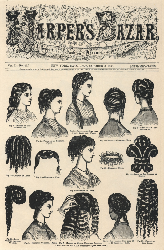 Ein Heft von Harper's Bazaar mit Bildern von Frauen mit verschiedenen Hairstyles und begleitendem Text.