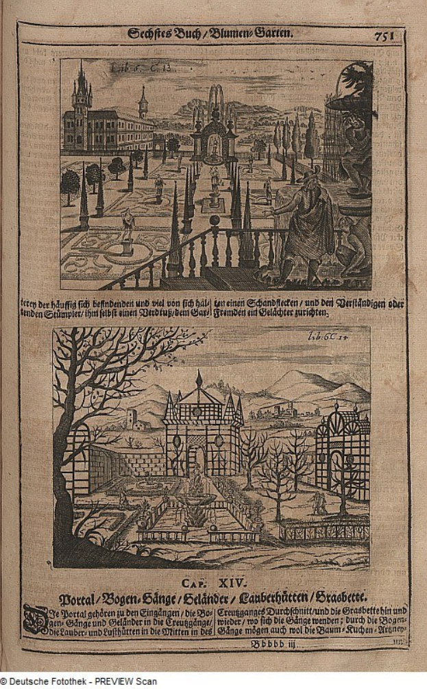 Offenes Buch mit einer detaillierten Stadtansicht auf seinen Seiten, begleitet von Bildern und Text.