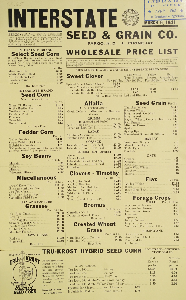 Ein Blatt mit der Überschrift "Interstate Seed & Grain Co. Großhandelspreislisten" mit einem Logo oben, das eine Einkaufsliste verschiedener Artikel zum Kauf anzeigt.