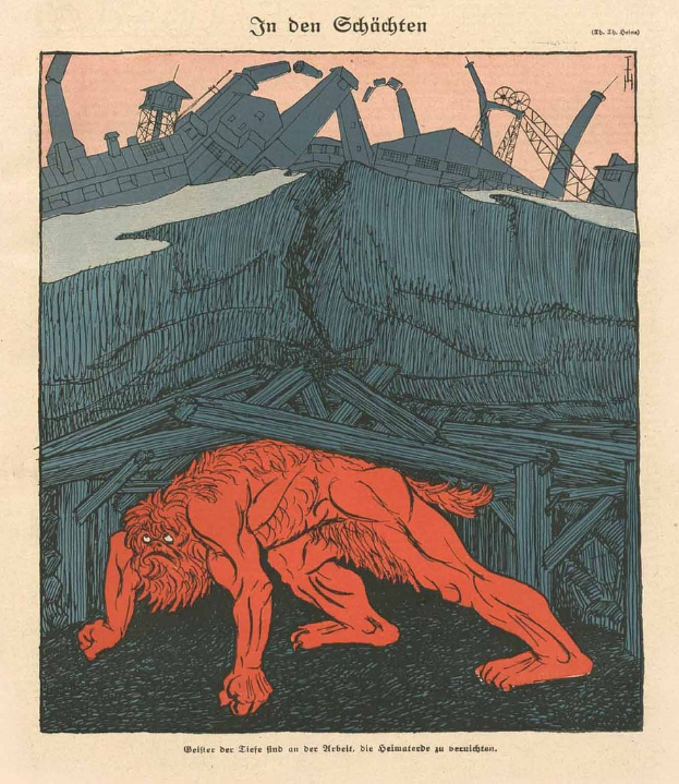 Illustration eines bedrohlichen Werwolfs in Kampfstellung vor einem rauchgeschwängerten Fabrikgelände unter einem tiefblauen Himmel, mit einem Plakat im Hintergrund, das das Bild des Werwolfs und fetten Text zeigt.