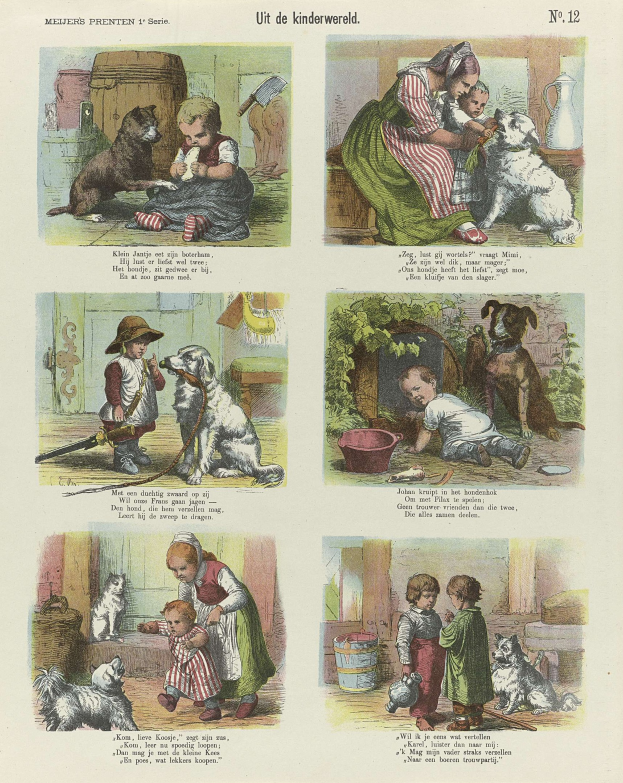 Eine Buchseite mit Kindern in bunten Kleidern und Hunden verschiedener Rassen, mit Text in Kursivschrift, umgeben von einem dekorativen Rahmen.