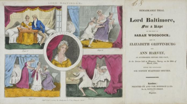 Eine historische Illustration eines Gerichtssaals mit Porträts, Vorhängen und Text.