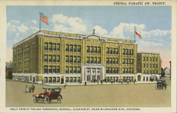 Plakat für die Heilige Dreifaltigkeit Polnische Pfarrschule in Cleveland, Ohio, zeigt ein Schulgebäude, Menschen, Fahrzeuge, Flaggen und Text unten.