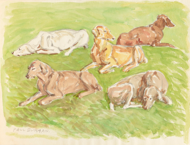 Ein realistisches Gemälde von mehreren Dackeln, die auf einem leuchtend grünen Feld unter einem sonnigen Himmel liegen.