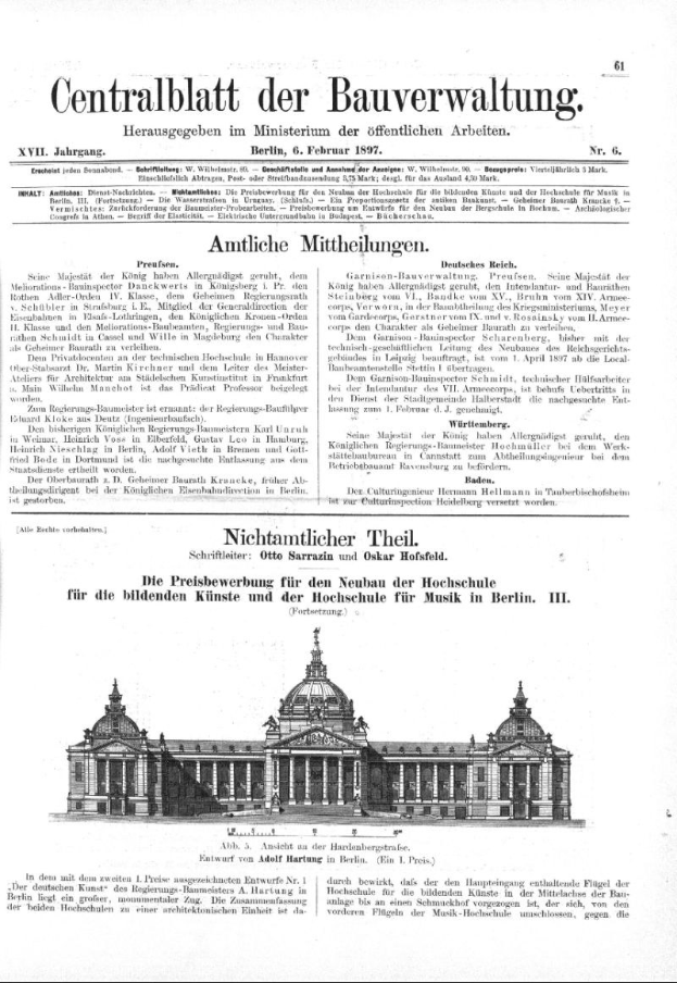 Alte deutsche Zeitungsvorderseite vom 6. Februar 1897 mit einer prunkvollen Gebäudeillustration mit einem prächtigen Eingang und mehreren Fenstern, eingerahmt von dekorativen schwarzen Tintenrändern und Text.