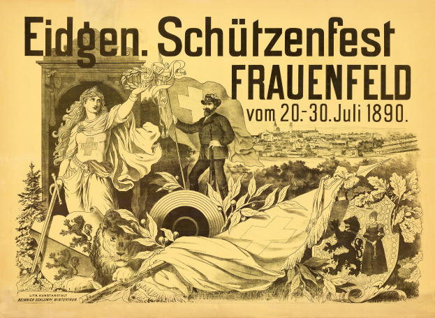 Ein Vintage-Plakat wirbt für das Eidgenössische Schützenfest in Frauenfeld, Deutschland, mit einem Mann im Anzug und einer Frau im Kleid nebeneinander stehend und mit Veranstaltungseinzelheiten darauf.
