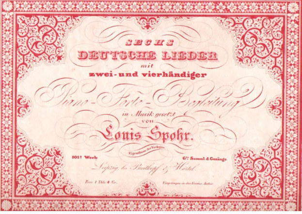 Altes deutsches Wertpapier mit der Aufschrift 'Louis Spohr - Zweites Deutsches Lieder' mit rotem Rand und weißem Hintergrund.