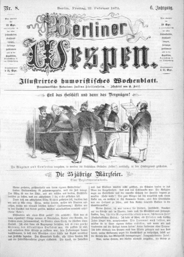 Eine alte Zeitung mit dem Titel 'Berliner Wespen' vom 21. Februar 1873, die eine Gruppe von Menschen in traditioneller deutscher Kleidung zeigt.
