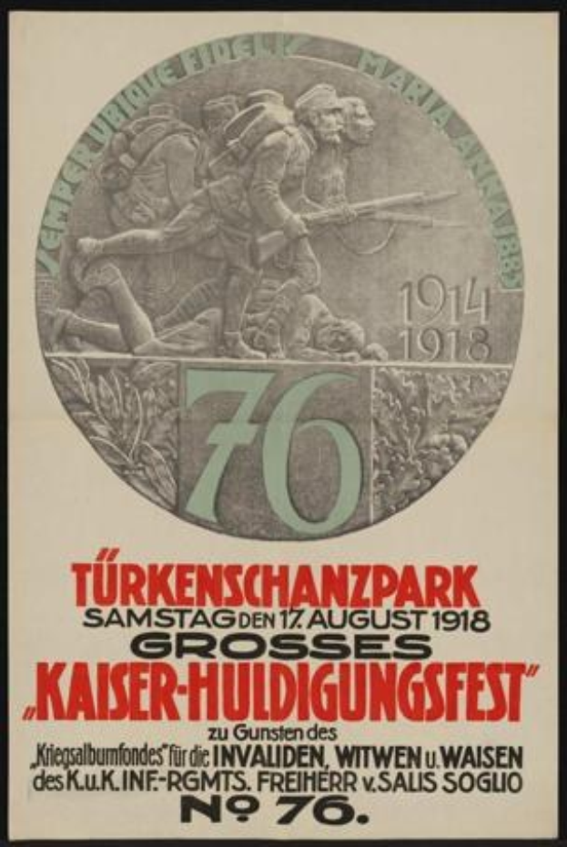 Plakat zum 70-jährigen Jubiläum des Kaiser-Huldigungsfestes in Berlin, Deutschland, mit einer Gruppe von Menschen in der Mitte, umgeben von Text und Zahlen und in einem klassischen Rahmen.