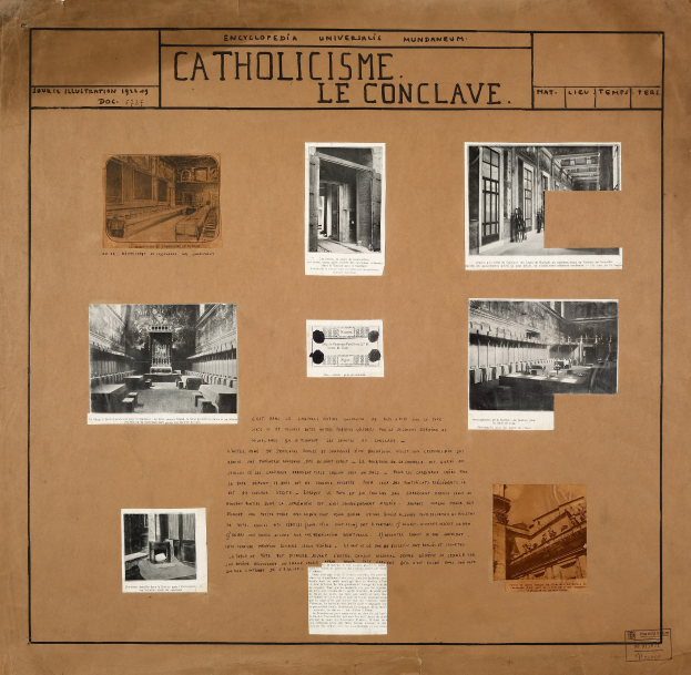 Ein Buch mit Bildern von Innenräumen, Kunstgegenständen und Texten zur Geschichte und Bedeutung der katholischen Kirche.