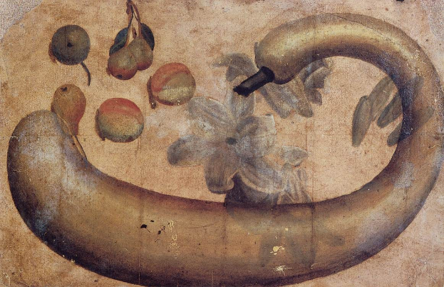 Ein lebendiges Aquarell auf Papier mit einer Banane, die mit einer Blume geschmückt ist, umgeben von verschiedenen Früchten und Blättern mit klaren Details.
