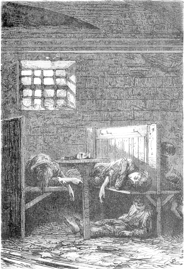 Eine Schwarz-Weiß-Illustration einer Gruppe verzweifelter Menschen in einem Gefängnis-Schlafsaal, mit einigen auf Betten liegend und anderen stehend, und einem Text unten lesend "Victorianische Illustration eines Schlafsaals in einem Gefängnis."