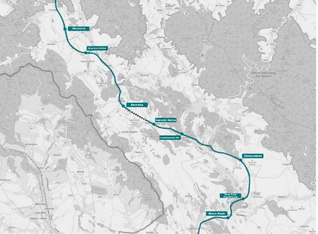 Karte einer Stadt mit einer blauen Linie, die eine Radwegroute markiert, einschließlich Start- und Endpunkten.