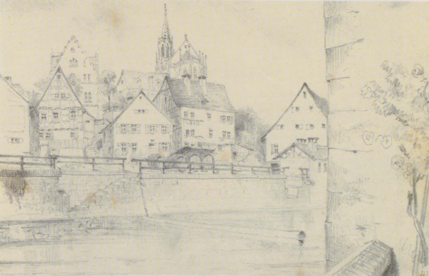 Bleistiftzeichnung mit dem Titel "Nürnberg, Deutschland" von Joseph Mallord William Turner, die eine Stadtlandschaft mit einem Fluss, Gebäuden, Bäumen und einer Brücke zeigt.